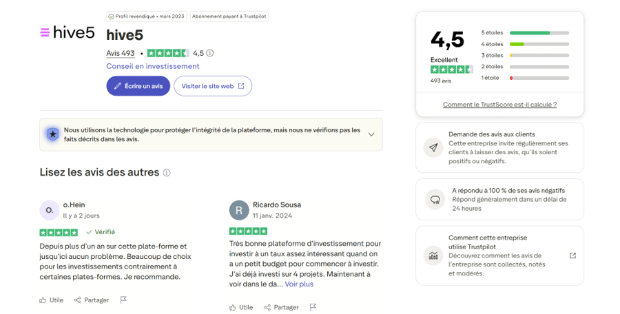 hive 5 plateforme avis trustpilot