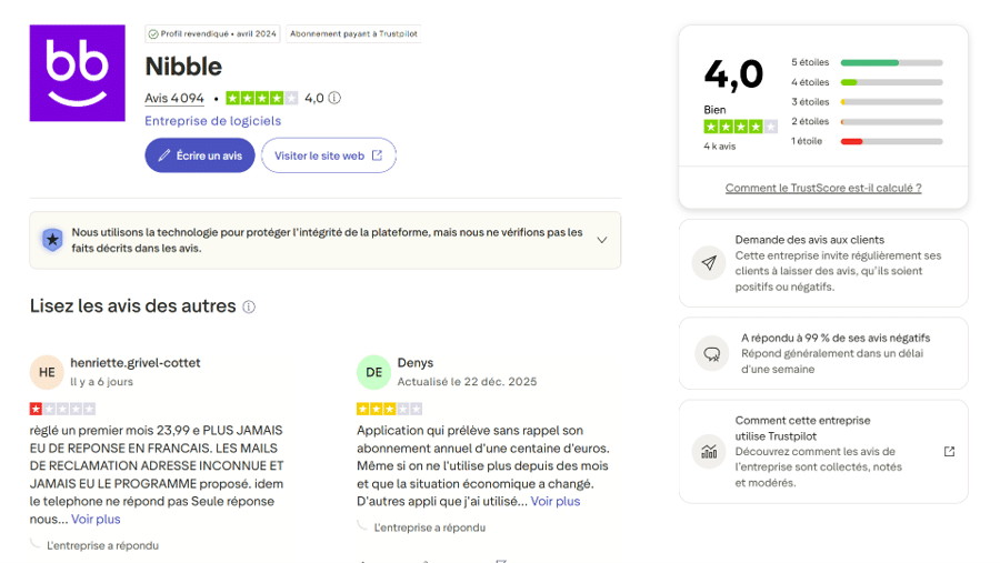 application nible quiz avis trustpilot