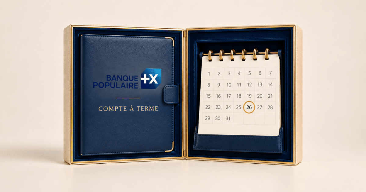 Coffret Banque Populaire « Compte à terme » ouvert sur un calendrier de bureau