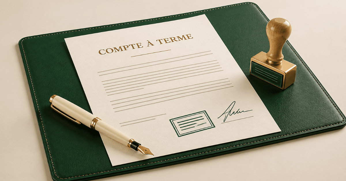 Contrat de compte à terme posé sur un sous-main vert, avec un stylo plume et un tampon d’entreprise