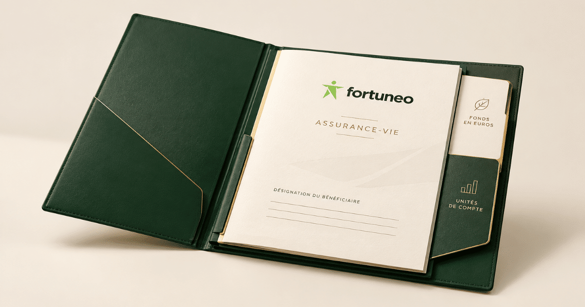 Pochette Fortuneo ouverte sur un contrat d’assurance vie, avec ses intercalaires fonds en euros et unités de compte