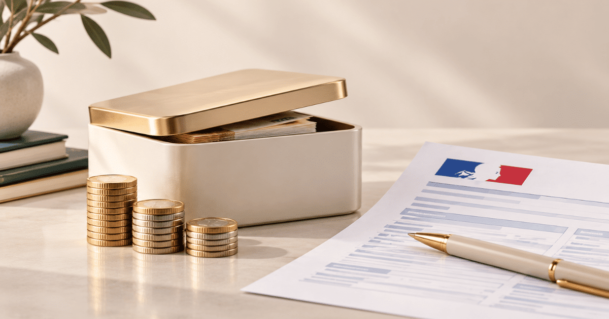 Coffret d’épargne et piles de pièces posés à côté d’une déclaration d’impôts et d’un stylo